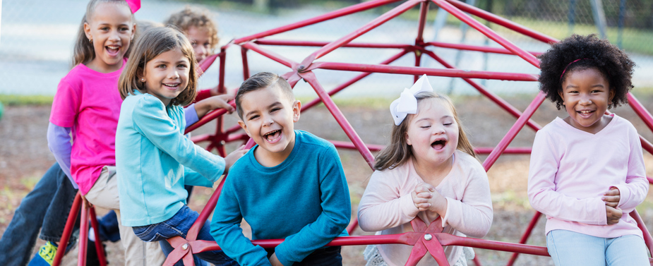 A group of preschool and elementary school children, 5 to 7 years old, on the playground, climbing on monkey bars.